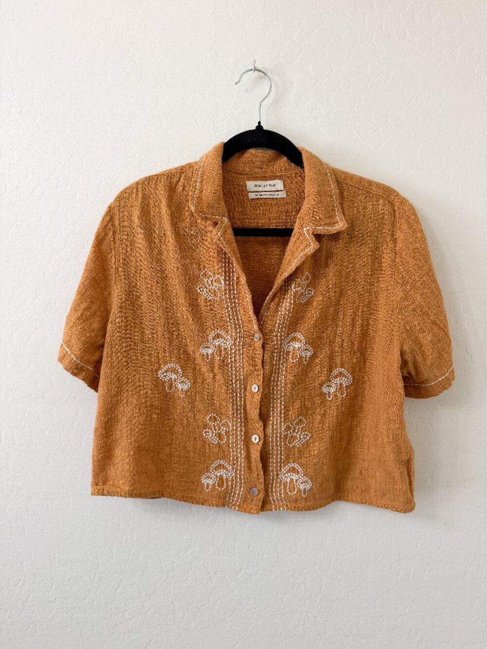 Urban Outfitters Button Up Crop Shirt with White Mushroom Embroidery